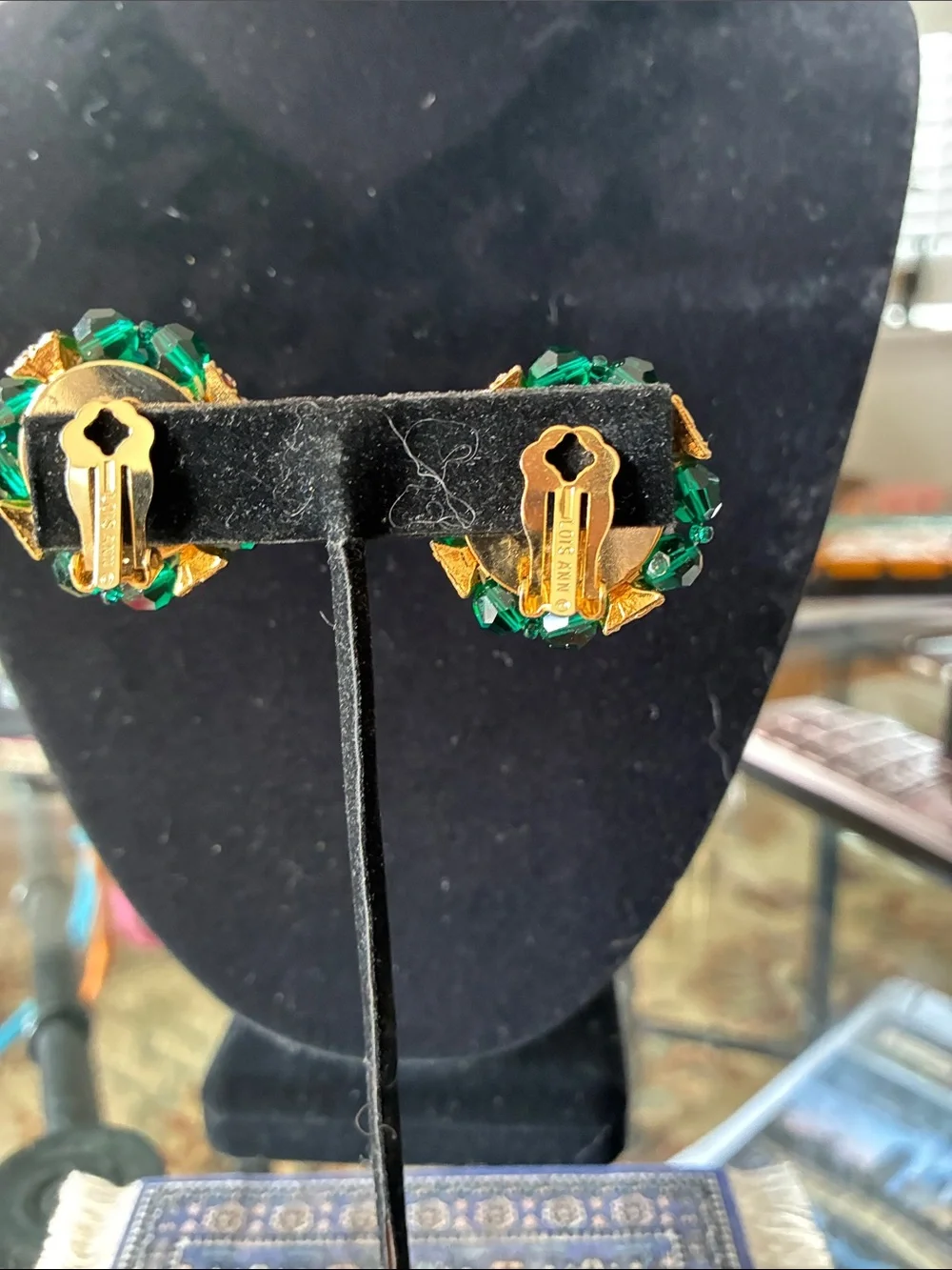 Emerald Green Crystal Button Earrings with Gold Accents